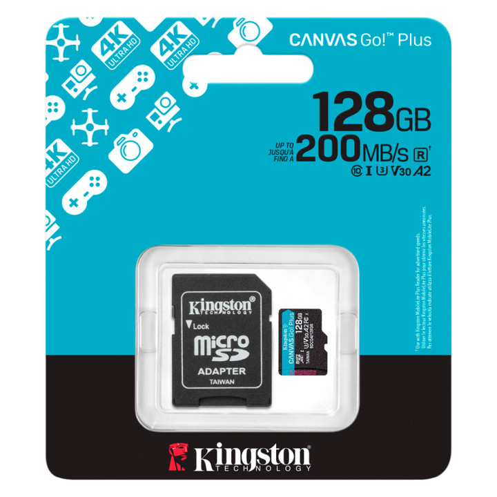 Kingston 128GB microSDXC Canvas Go Plus Gen4 200MB/s A2 U3 V30 Card + Adapter